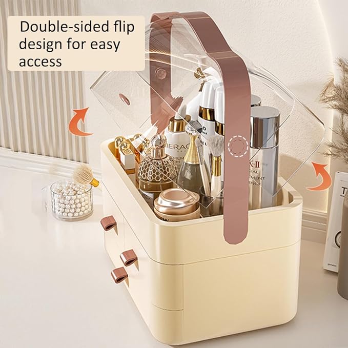 Makeup Organizer, Dustproof Cosmetic Storage Box with Portable Handle & Fully Open Waterproof Lid for Bathroom Countertop Bedroom Dresser(Cream White)
