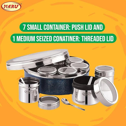 MARU Stainless Steel 8 in Masala Dabba - Authentic Indian Spice Box Set for Kitchen, Spice Rack Container Indian Masala Spice Boxes, See Through Lid 8 Containers, 3 Spoons (20.5Cms) (Blue)