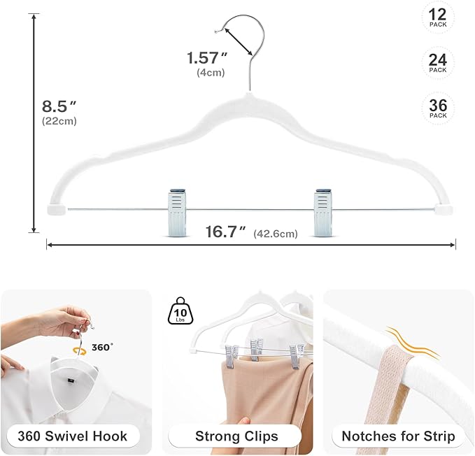 HOUSE DAY Velvet Skirt Hangers 24 Pack, White Velvet Hanger with Adjustable Clips, Space Saving Slim Pant Hangers, Heavy Duty Non Slip Clip Hanger for Pants, Skirts, Shorts
