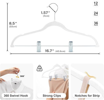 HOUSE DAY Velvet Skirt Hangers 24 Pack, White Velvet Hanger with Adjustable Clips, Space Saving Slim Pant Hangers, Heavy Duty Non Slip Clip Hanger for Pants, Skirts, Shorts