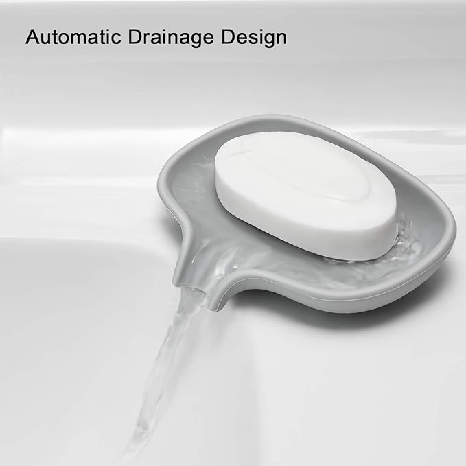 SUBEKYU Silicone Soap Dish for Bathroom,Bar Soap Holder for Shower with Draining Tray, Waterfall Soap Tray for Kitchen Sink, Set of 2 (White + Gray(Style 1))