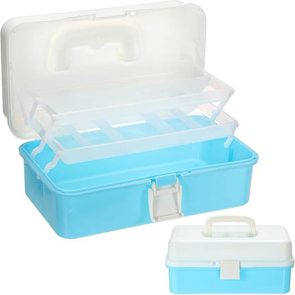Hipiwe 3-Layer Plastic Storage Box 12.8" Multipurpose Craft Organizers with Dividers & Handle Hair Accessories Organizer Folding Craft Tool Case Portable Tackle Box for Sewing Art Cosmetic, Blue