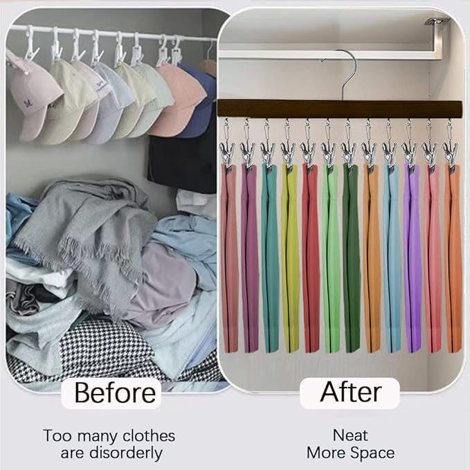 2 Pack Legging Organizer for Closet with 24 Rubber Coated Clips, Hanging Wooden Plants Organizer Hangers 360°Roatable Hook Space Saving for Jeans/Yoga Pants/Shorts/Skirts (Black)