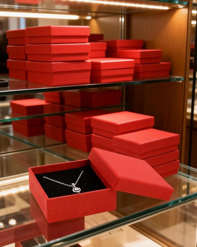Rocutus Jewelry Gift Boxes for Necklace, Earring, Ring - Cotton Filled Cardboard Paper Jewelry Box Gift Cases for Wedding, 12 Pack Engagement, Gift Packaging, Luxury Jewelry Box, Ring Box (Red)
