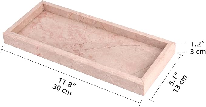 Marble Bathroom Vanity Tray, Natural Luxury Vanity Home Kitchen Bathroom Table Tray, Stone Decorative Countertop Dresser Trays for Key Coffee Perfume Jewelry Makeup (Pink/Cream Rose, 12"x 5" x1.2")