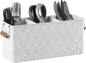 Silverware Caddy for Party Kitchen Flatware Holder for Countertop Metal White Honeycomb Pattern Embossed Cutlery Organizer with 3 Compartments for Utensils, Spoons, Knives, Forks, Cups,