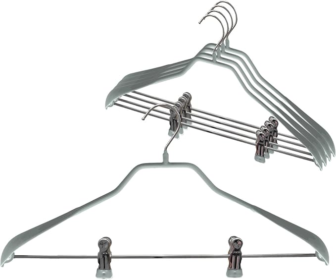 Mawa by Reston Lloyd BodyForm Series Non-Slip Space Saving Clothes Hanger with 2 Clips for Pants or Skirts, Style 42/LK, Set of 5, Silver