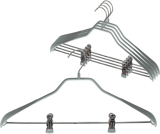 Mawa by Reston Lloyd BodyForm Series Non-Slip Space Saving Clothes Hanger with 2 Clips for Pants or Skirts, Style 42/LK, Set of 5, Silver