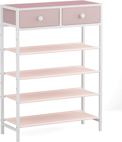Shoe Rack, 5 Tier Shoe Organizer with 2 Drawers, Metal Shoe Storage for 16-20 Pairs of Shoes with Fabric Shelves and Wooden Top, Narrow Shoe Shelf for Closet Entryway Pink