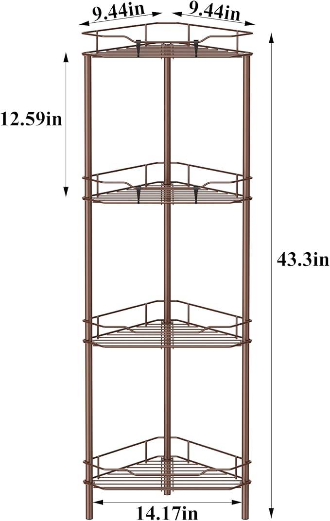 HuggieGems 4 Tier Floor Standing Corner Shower Caddy Organizer Shelf with Hooks, Bathroom Shelves Stand Rack, Coffee