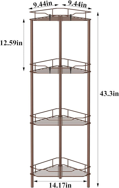 HuggieGems 4 Tier Floor Standing Corner Shower Caddy Organizer Shelf with Hooks, Bathroom Shelves Stand Rack, Coffee
