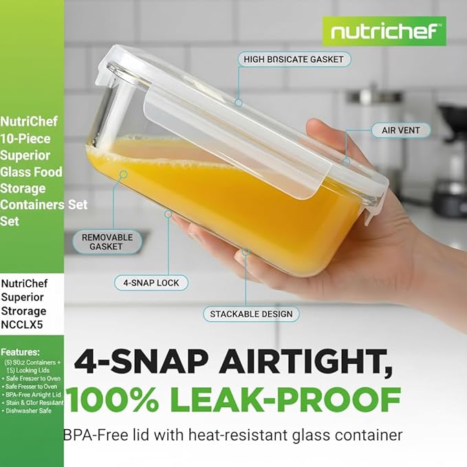 NutriChef 10-Piece Superior Glass Food Storage Containers Set (5 Containers + 5 Locking Lids),Stackable Meal-prep Design, BPA-free Airtight Clear Locking lids with Vent Lids & Air Hole, NCCLX5