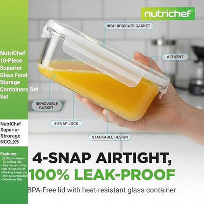 NutriChef 10-Piece Superior Glass Food Storage Containers Set (5 Containers + 5 Locking Lids),Stackable Meal-prep Design, BPA-free Airtight Clear Locking lids with Vent Lids & Air Hole, NCCLX5