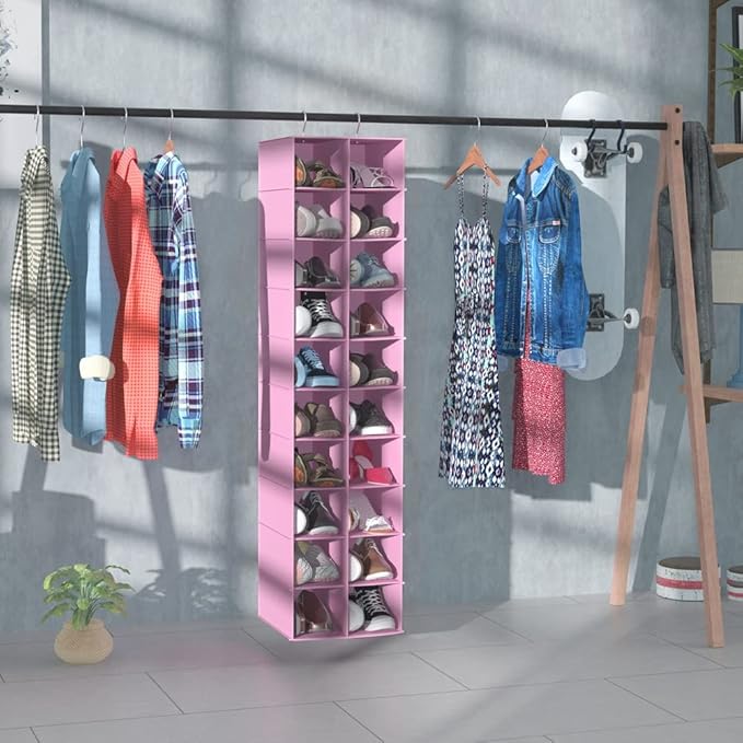 Libeder Hanging Shoe Organizer for Closet, Hanging Closet Organizers 20 Section Shoe Shelves, Space Saving Shoe Holder & Storage, Pink, 12''W×12''Dx 50''H