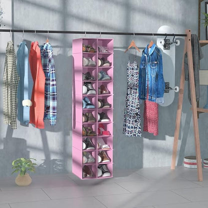 Libeder Hanging Shoe Organizer for Closet, Hanging Closet Organizers 20 Section Shoe Shelves, Space Saving Shoe Holder & Storage, Pink, 12''W×12''Dx 50''H