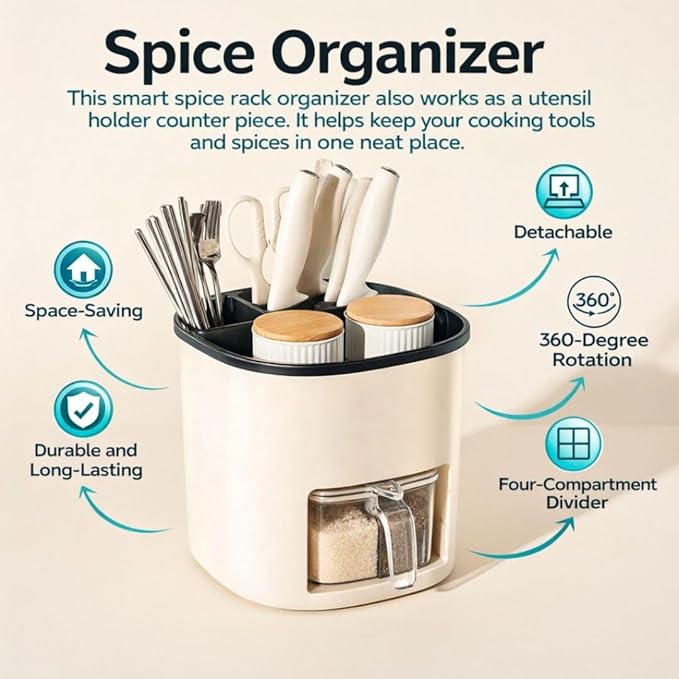 Rotating Kitchen Organizer, Cooking Utensil Holder for Countertop, Seasoning Organizer and Condiment Caddy with Knife Organizer and Spice Containers