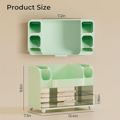 Makeup Organizer for Vanity with 2 Large Drawers, Cosmetic Display Case with Brush Holders, Easy to Storage for Bathroom Countertop Skincare, Perfume, Green
