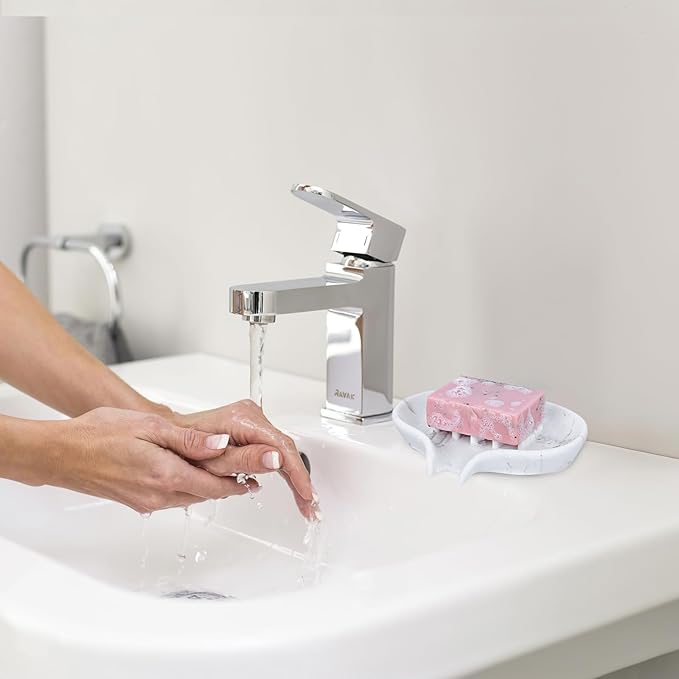 Self Draining Soap Dish for Shower and Bathroom Sink - Large Marble Resin Soap Holder with Drain, Non Slip Soap Tray for Bar Soap, Kitchen & Bathroom Counter