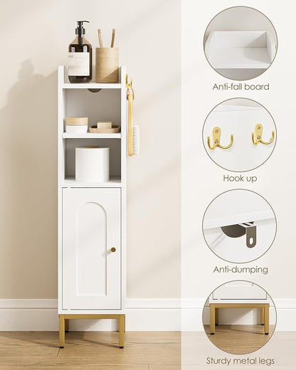 Bathroom Storage Cabinet, Small Corner Floor Hutch with Door and Adjustable Shelves, Narrow Toilet Paper Cabinet with Two Hooks, Bathroom Organizer for Small Spaces