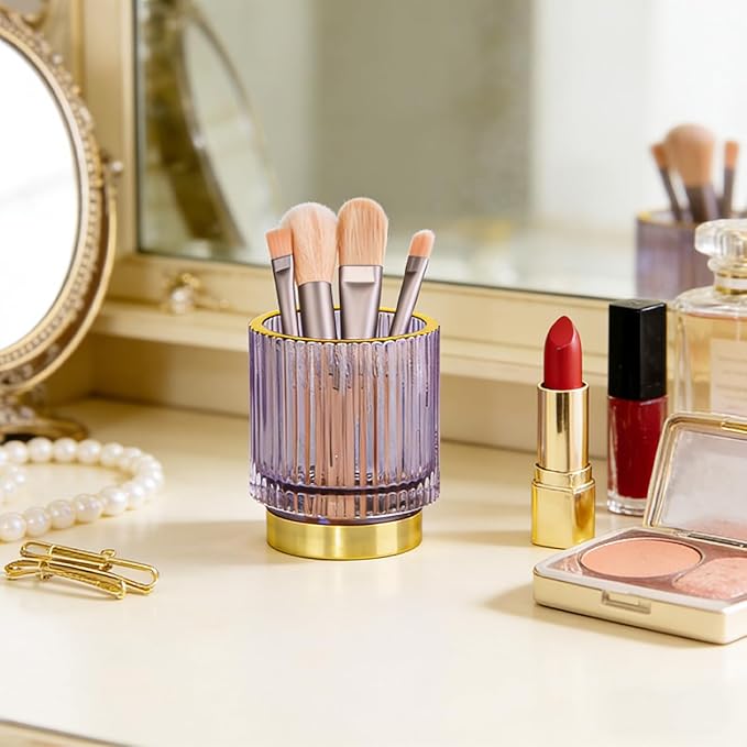 Vintage Makeup Brush Holder Organizer,Dresser Glass Brushes Holder,Vanity Cosmetic Brush Holder,Desktop Crystal Eyeliners Eyebrow Pencil Storage Cup Holder for Countertop (Small Purple)