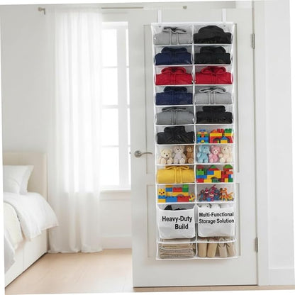 Over the Door Hoodie Organizer, Over the Door Sweatshirt Organizer Hanging Clear Shoe with 26 Pocket Foldable Heavy Duty Toy Storage