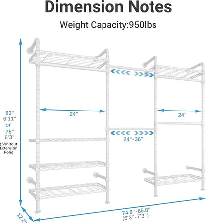 Timate F3 Garment Rack Heavy Duty Clothes Rack for Hanging Clothes, Expandable Industrial Pipe Wall Mounted Clothing Rack, Adjustable Storage Closet Wardrobe Closets System, White
