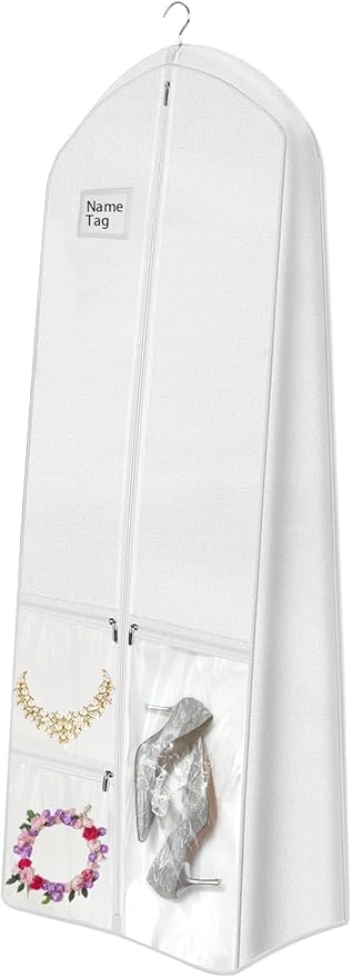 72" Wedding Dress Garment Bag with 10'' Gusseted Dress Bags for Gowns Long 4 Pockets Dress Cover for Women