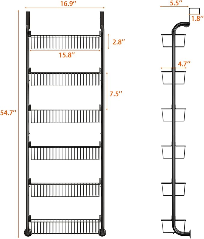 MIAOLI Over the Door Pantry Organizers and Storage, 6-Tier Spice Rack, Home & Kitchen Storage Shelves for Cabinet, Large Capacity Hanging Seasoning Organizer, Laundry Room Organization, Black
