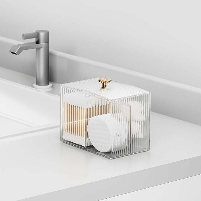Q Tip Holder for Bathroom with 3 Compartments, Cute Clear Plastic Bathroom Container Jars Canister Dispenser with Lid for Cotton Swab, Ball, Pad, Round, Floss, Bathroom Organizer and Storage