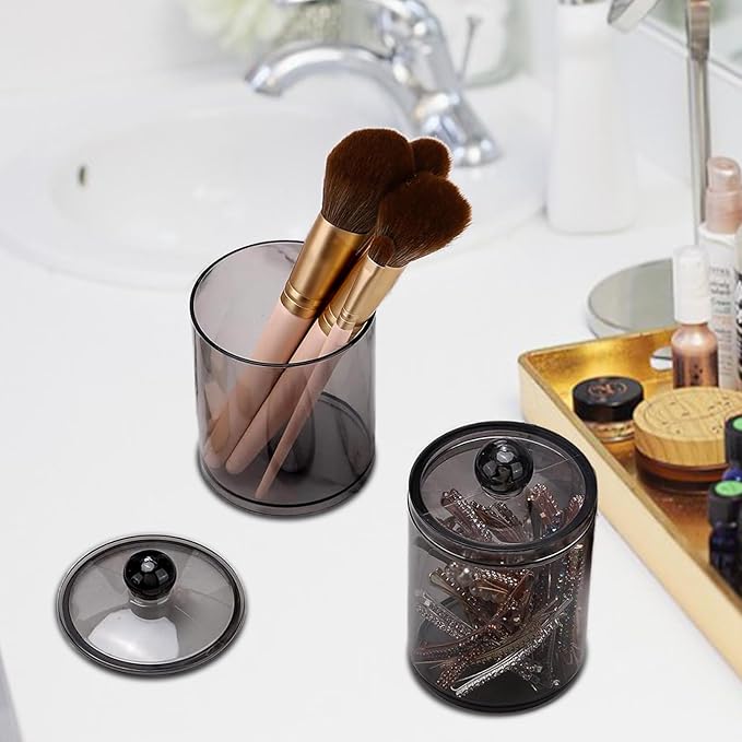 4 Pack Cotton Buds Dispenser, Pad Holder, Clear Black Swab Holder, Apothecary Jar Set Bathroom Canister Storage Organization for Cotton Ball, Round Pads