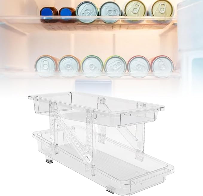 TOPINCN Adjustable Width Rolling Soda Can Organizer, 2 Layer Expandable Automatic Rolling Beverage Dispenser Beer Can Holder for Refrigerator Pantry Freezer, (Clear)