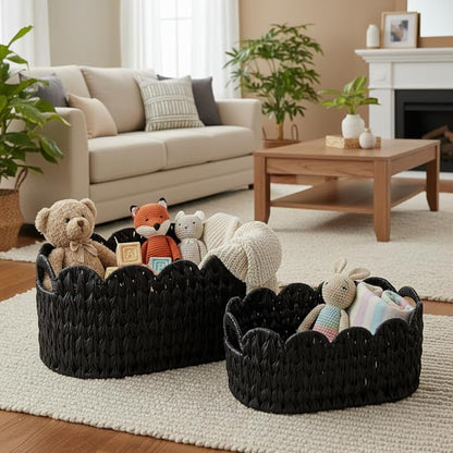 Coeusy Wicker Scalloped Basket Set of 2,Woven Storage Baskets for Shelves,Closet,Laundry,Gift,Towels,Books,Toys,Waterproof Decor Basket for Organizing,Black Oval