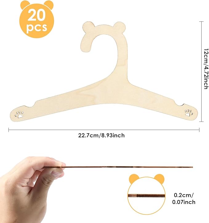 20PCS Wooden Kids Hangers 9" Baby Clothes Hangers, Baby Children Wooden Hangers, Cute Little Kids Hangers, Newborn Girl Boy Hangers for Clothing Pants Coats Skirts Storage (Bear Paw)