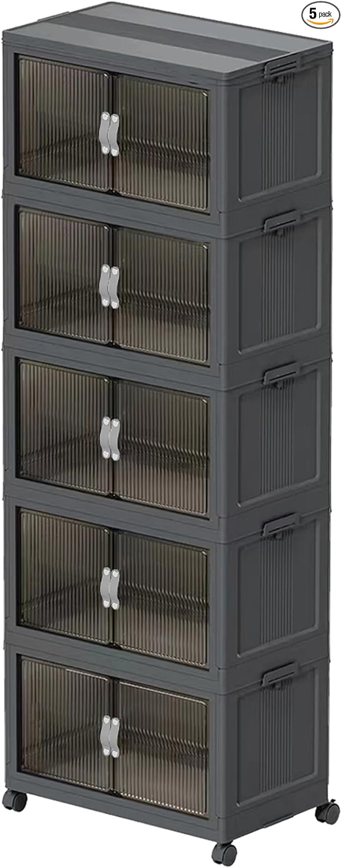 131QT Stackable Storage Bins with Lid & Door, Large Collapsible Plastic Storage Containers with Locking Wheel, Space Saving Foldable Organizer for Home Bedroom Office Gray 5T