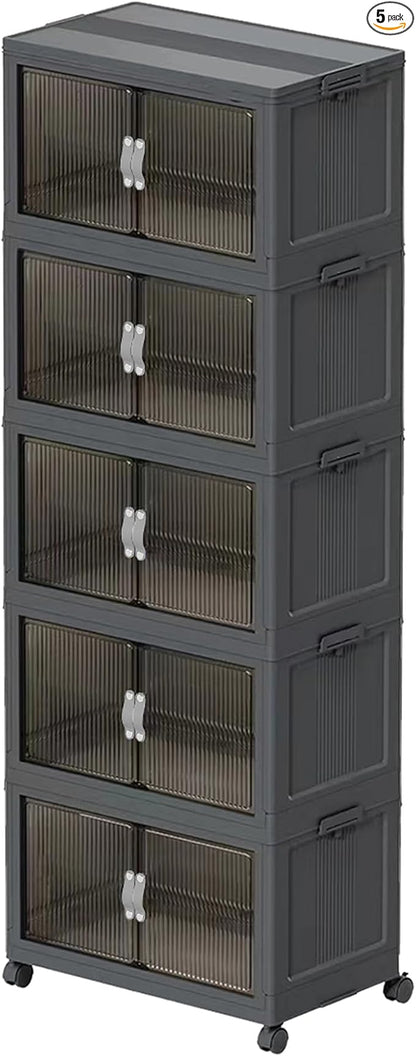 131QT Stackable Storage Bins with Lid & Door, Large Collapsible Plastic Storage Containers with Locking Wheel, Space Saving Foldable Organizer for Home Bedroom Office Gray 5T
