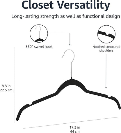 Amazon Basics Space Saving Slim Velvet Non-Slip Clothes Hangers for Closet Organization, Black, 100-Pack