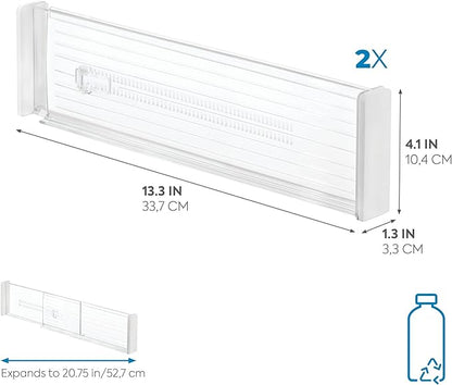 iDesign Plastic Adjustable Deep Drawer Divider, Kitchen, Dresser, Desk, Bathroom and More, The Linus Collection – Set of 2, Expandable 13.25” – 20.75”, Clear