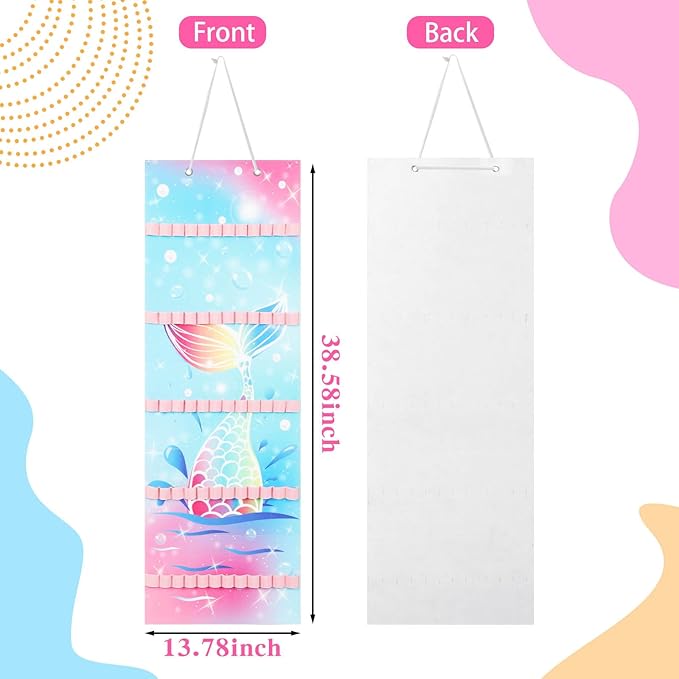 Tudomro Hanging Headband Holder for Girls Felt Hair Accessories Organizer with 60 Elastic Bands Bow Hanger for Girls Hair Bows Without Headbands(Bright Color,Mermaid)