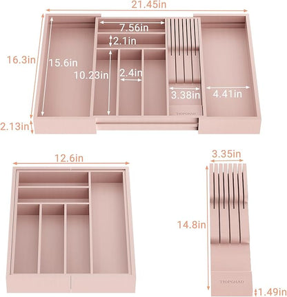 TIOPGHAD Bamboo-Silverware-Drawer-Organizer-Kitchen, Expandable Utensil Holder Cutlery Tray Flatware Organization Adjustable Wood Tableware Dividers Storage (with Removable Knife Block)(Grey Pink)