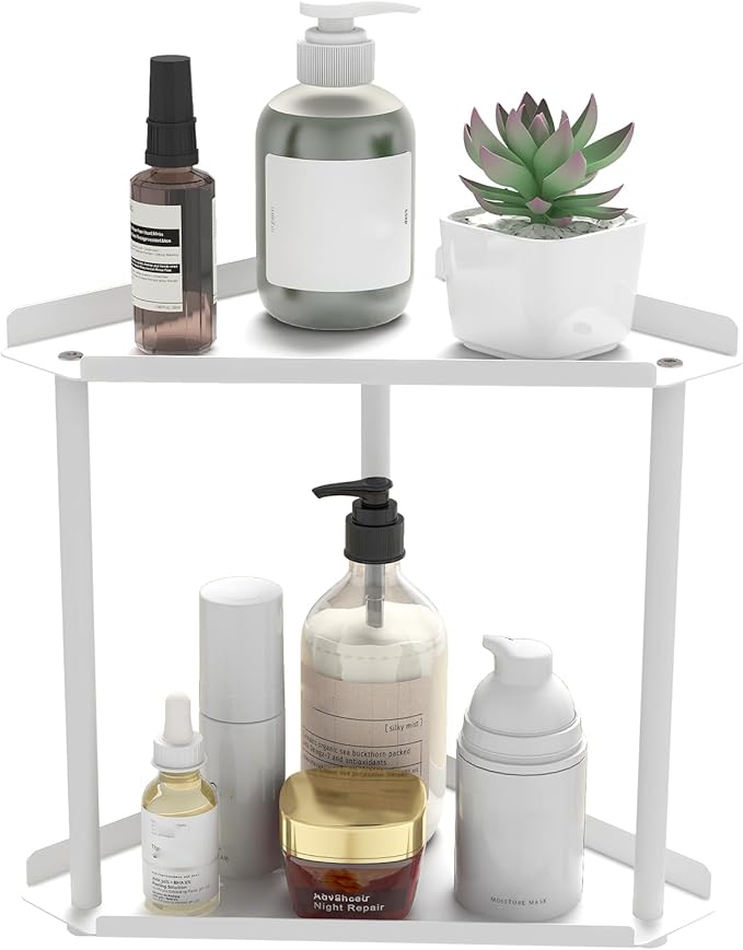 Jesginboo 2 Tier Bathroom Counter Organizer, Vanity Organizer Corner Shelf, Skincare, Makeup Countertop Organizers, Kitchen, Bathroom Counter Storage, White