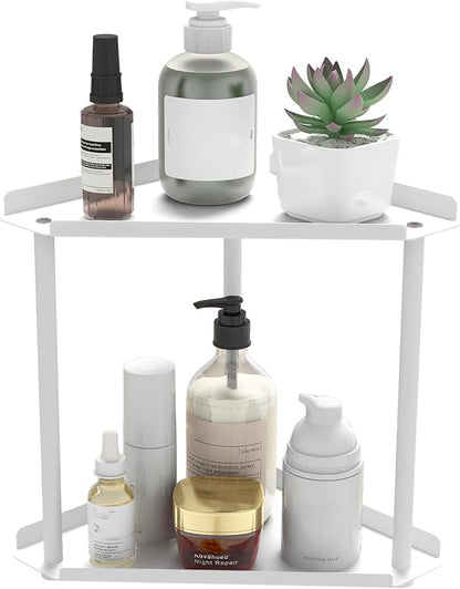 Jesginboo 2 Tier Bathroom Counter Organizer, Vanity Organizer Corner Shelf, Skincare, Makeup Countertop Organizers, Kitchen, Bathroom Counter Storage, White