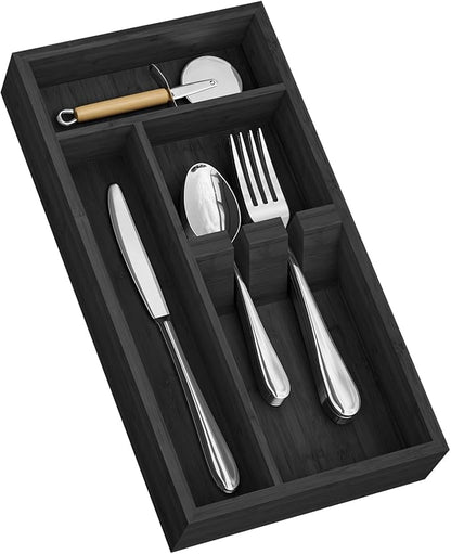 Yofidra Bamboo Silverware Organizer, 12.6 x 6.97 x 1.96 Inches Kitchen Utensil Drawer Organizer, Silverware Tray for Drawer with Fixed Slots for Spoons, Forks & Knives, Natural (Black)