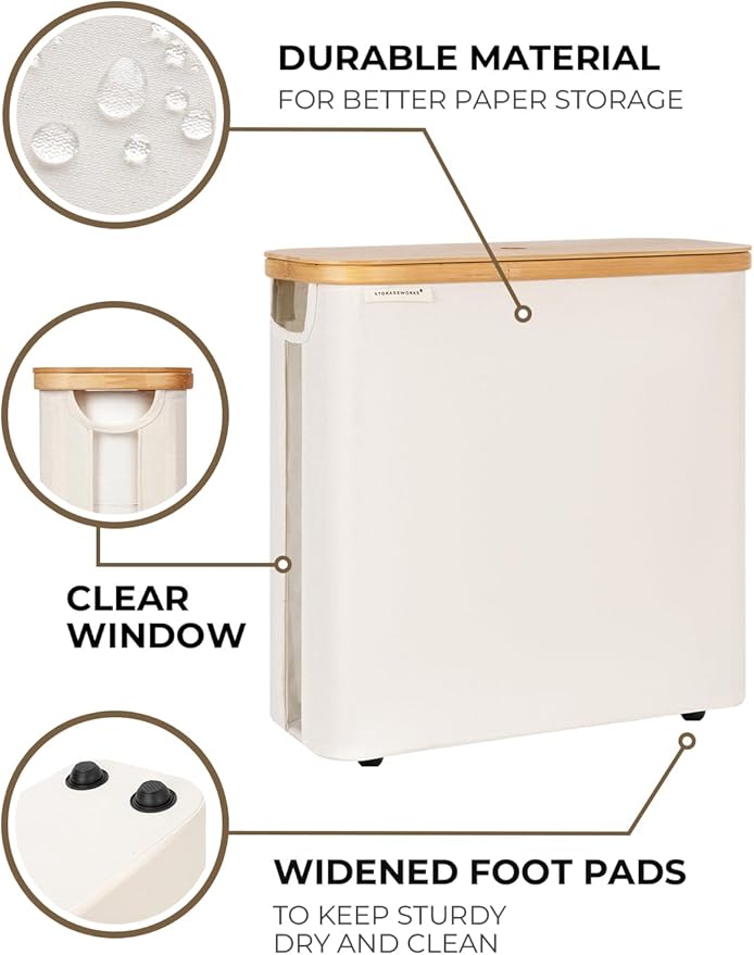StorageWorks Large Toilet Paper Storage with Bamboo Lid, Toilet Paper Holder Basket for Up to 12 Mega or 16 Regular Size Rolls, Paper Storage Baskets for Bathroom, Beige, 1 Pack