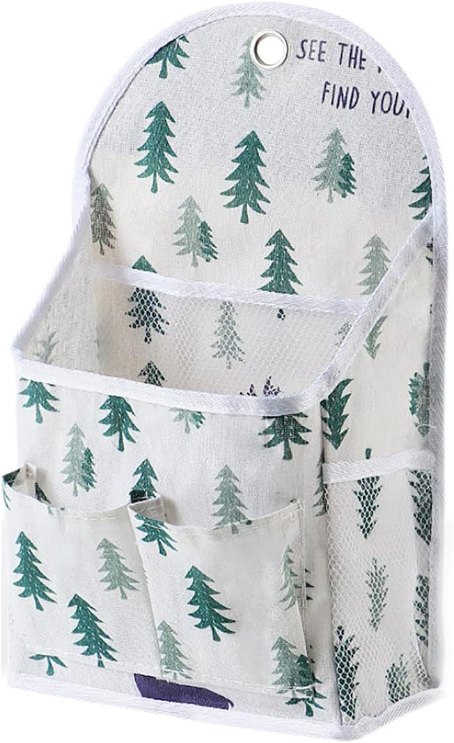 FuninCrea Wall Hanging Storage Bag, Black and White Checkered Linen Organizer Wall Mounted Punch-Free Over The Door Storage Pouch with 6 Storage Pockets and 1 Hanging Hook (Green)