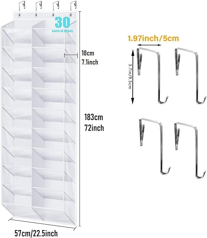 30 Pairs Over the Door Shoe Organizer, Hanging Shoe Organizer with 4 Metal Hooks, Large Capacity Breathable Mesh Shoe Rack for Closet Door, Multi-Pocket Storage for Shoes, Hats, Toys, Towels (White)