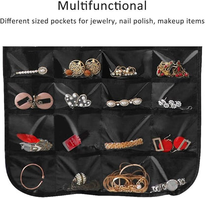 Hanging Jewelry Organizer, Double-Sided 80 Pockets (40 Front + 40 Back), Closet & Hook Jewelry Storage, for Earrings, Necklaces, Bracelets, Rings & Pendants, Black