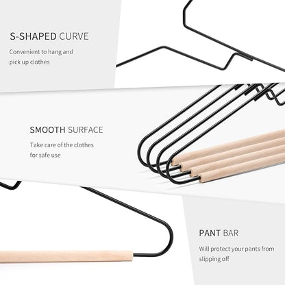 Nature Smile Premium Black Matt Metal Suit Clothes Hanger 20 Pack with a Smooth Beech Wood Pants Bar,Unique Coat Hanger Dress Hanger Shirt Hanger