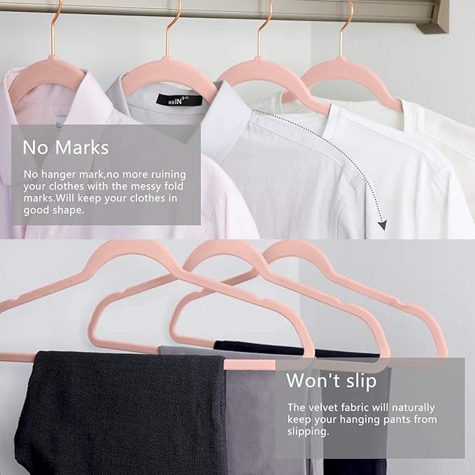 Non-Slip Velvet Hangers - Ultra Thin Space Saving Suit Hanger with 360 Degree Swivel Hook - Strong and Durable Velvet Clothes Hangers - Coat Hangers for a No Hanger Marks (Pink, Pack of 10)