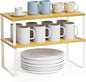 SpaceAid Cabinet Shelf Organizers 2 Pack, Kitchen Counter Rack Shelves Riser, Stackable Expandable Spice Rack, Pantry Cupboard Storage Organization (White and Natural, Long)