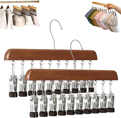 Closet Organizer with 10 Clips, Space Saving Hanging Closet Organizers Adjustable Wooden Legging Organizer for Closet, Stainless Steel Pants Hanger with Clips for Women Men (Brown, 2pcs)